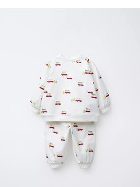 Zara Kids White Sweatshirt & Jogger Set with Colorful Car Print up to 6m